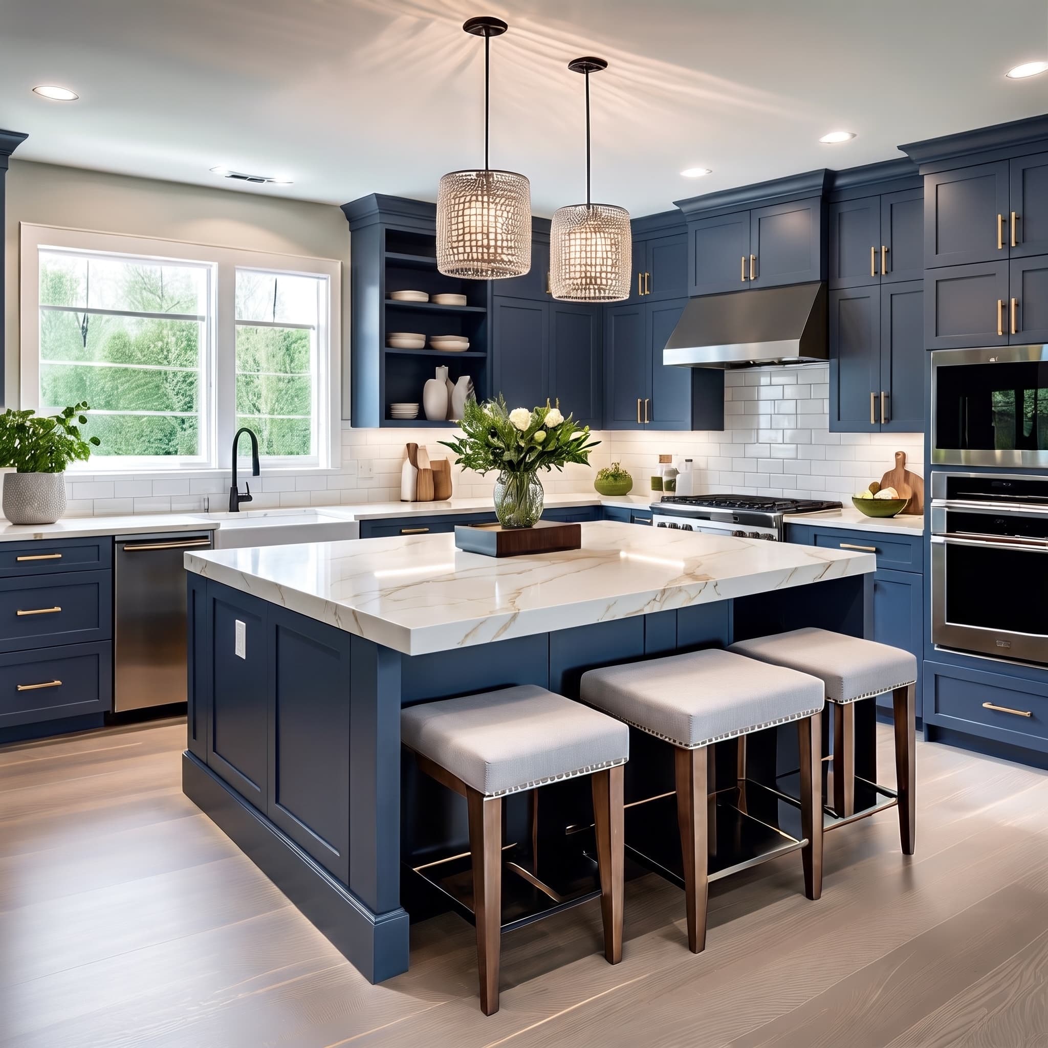 MANHATTAN photoreal render of the same kitchen from the same camera angle, now with navy shaker cabinets, Calacatta quartz and white subway tile