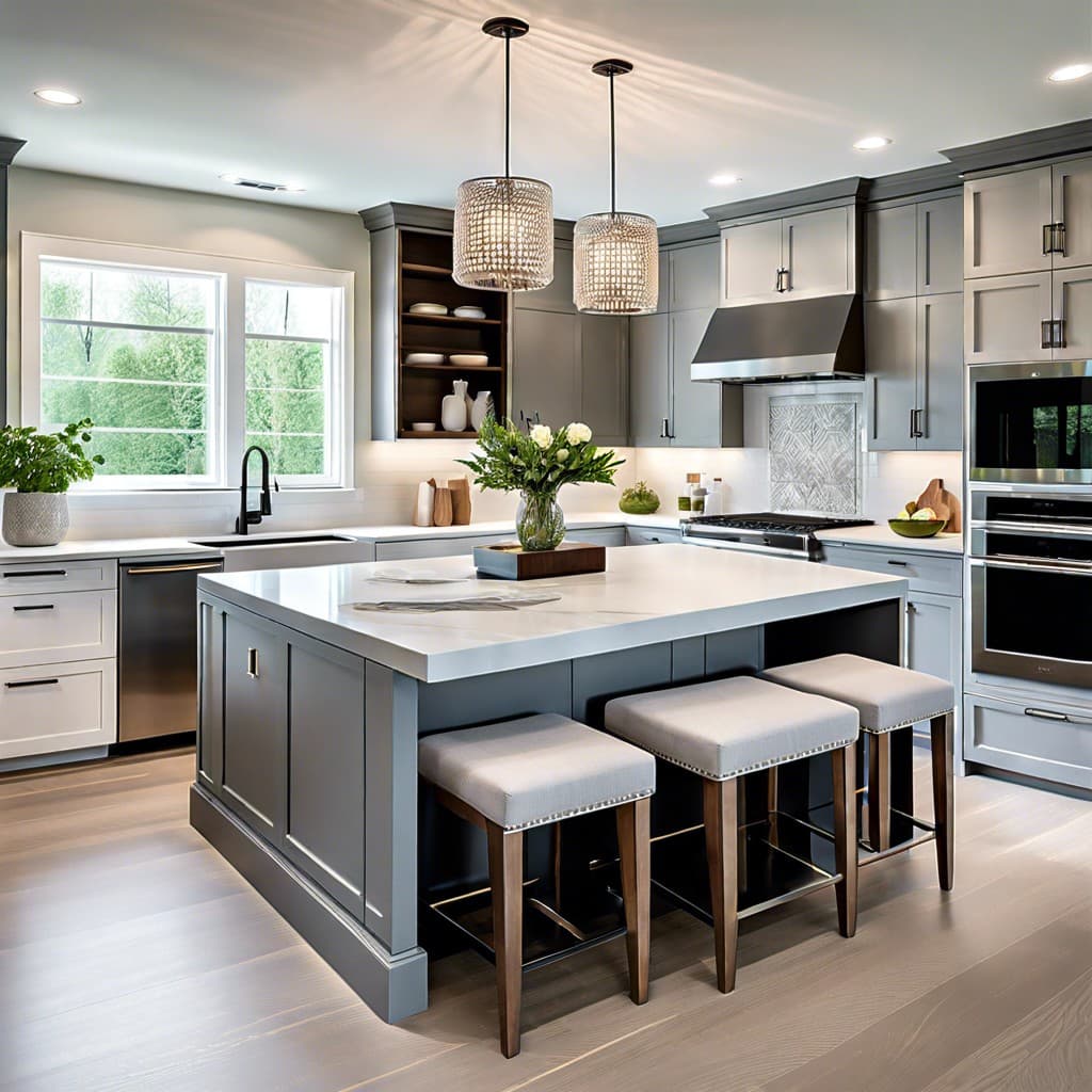 Client's photo of an L-shaped kitchen with grey shaker cabinets, a slate-blue island, white quartz counters and a marble mosaic backsplash